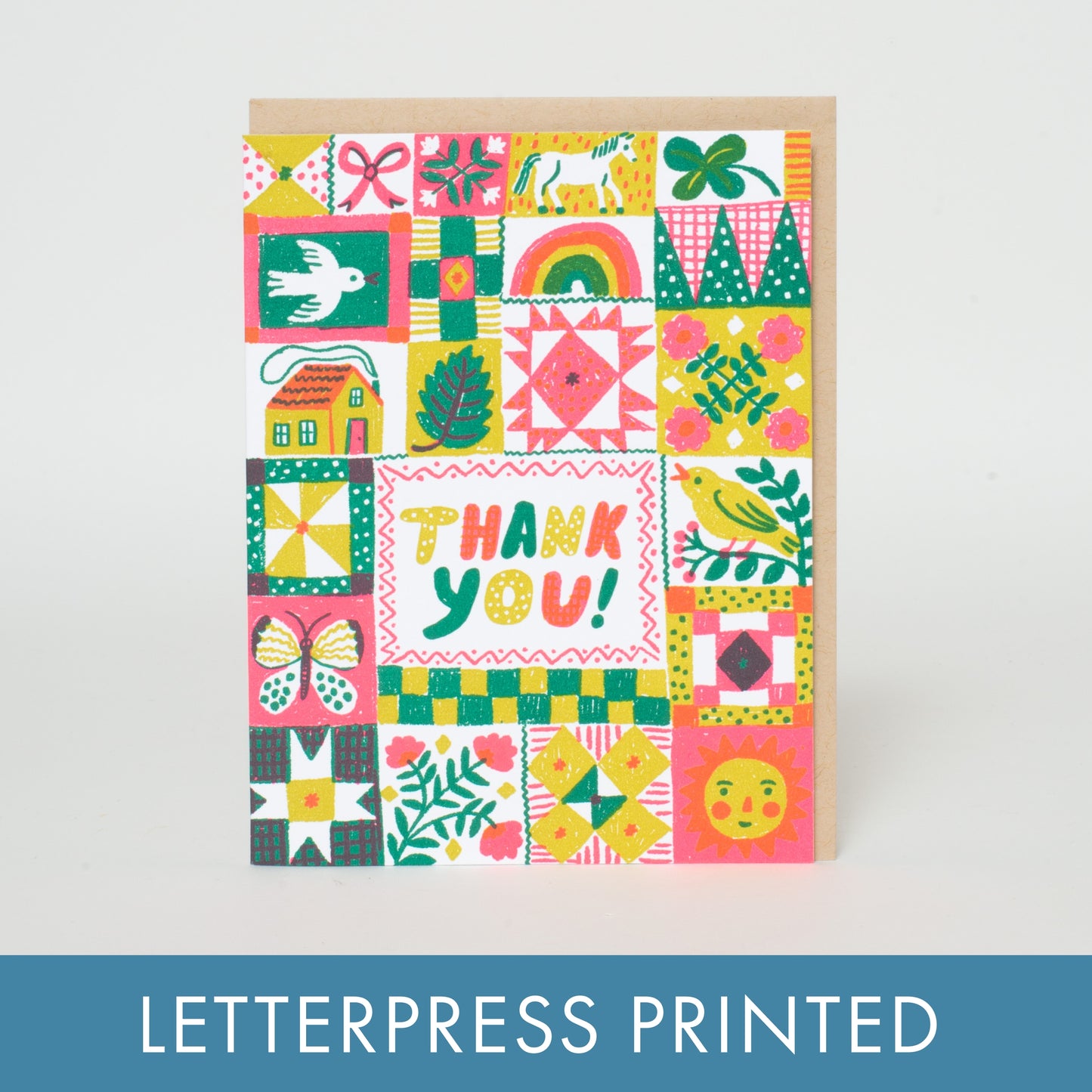 Folk Quilt Thanks Letterpress Greeting Card By Phoebe Wahl