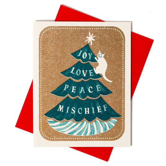 Joy Love Peace Mischief Cat Christmas Card