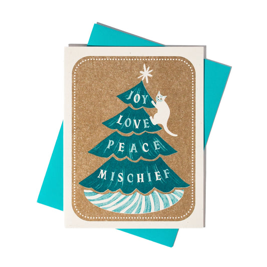 Joy Love Peace Mischief Cat Christmas Card