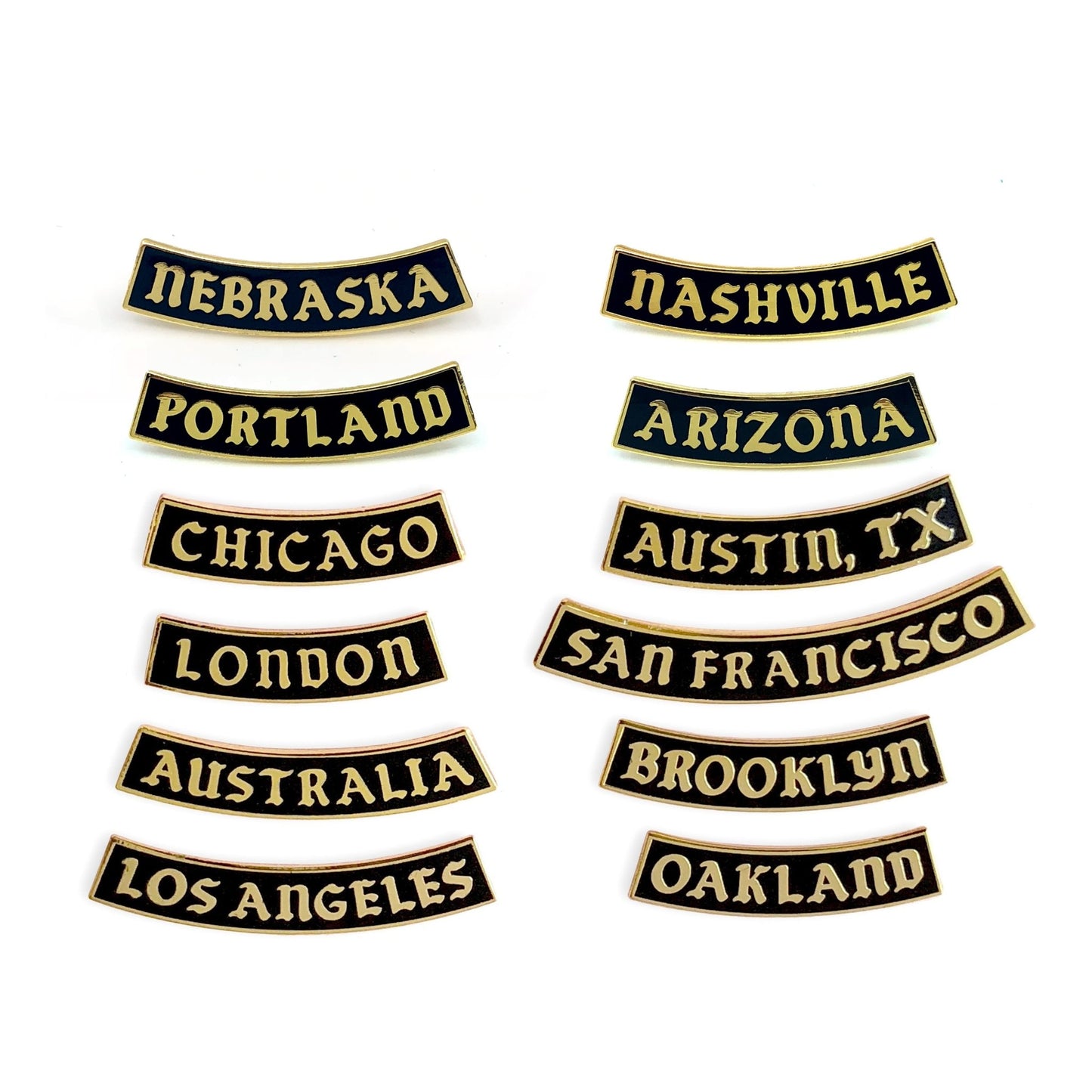 City / State / Country Bottom Rocker Pins - World Famous Original