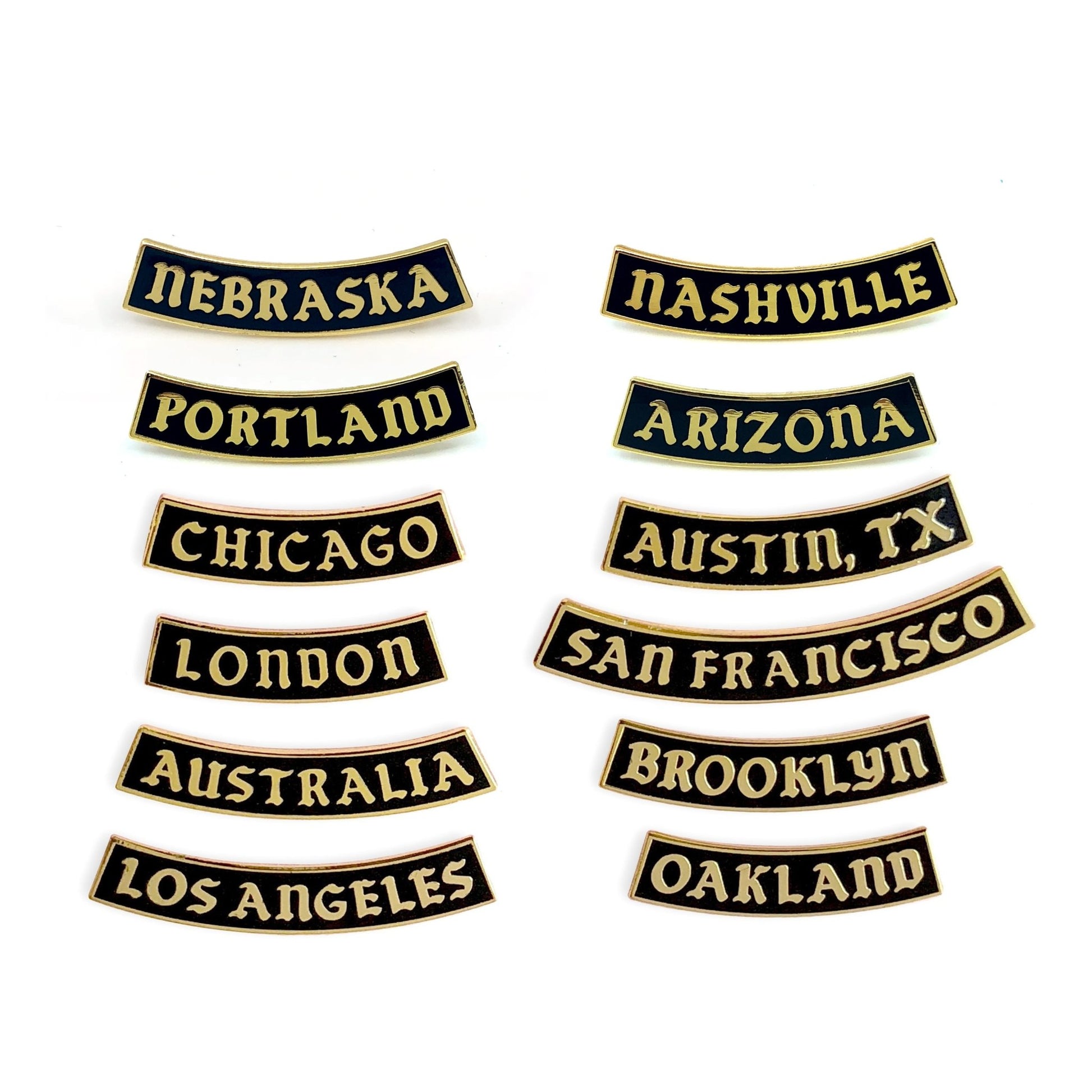 City / State / Country Bottom Rocker Pins - World Famous Original